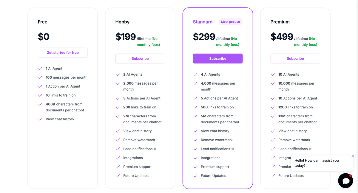 SiteChatify Pricing Table